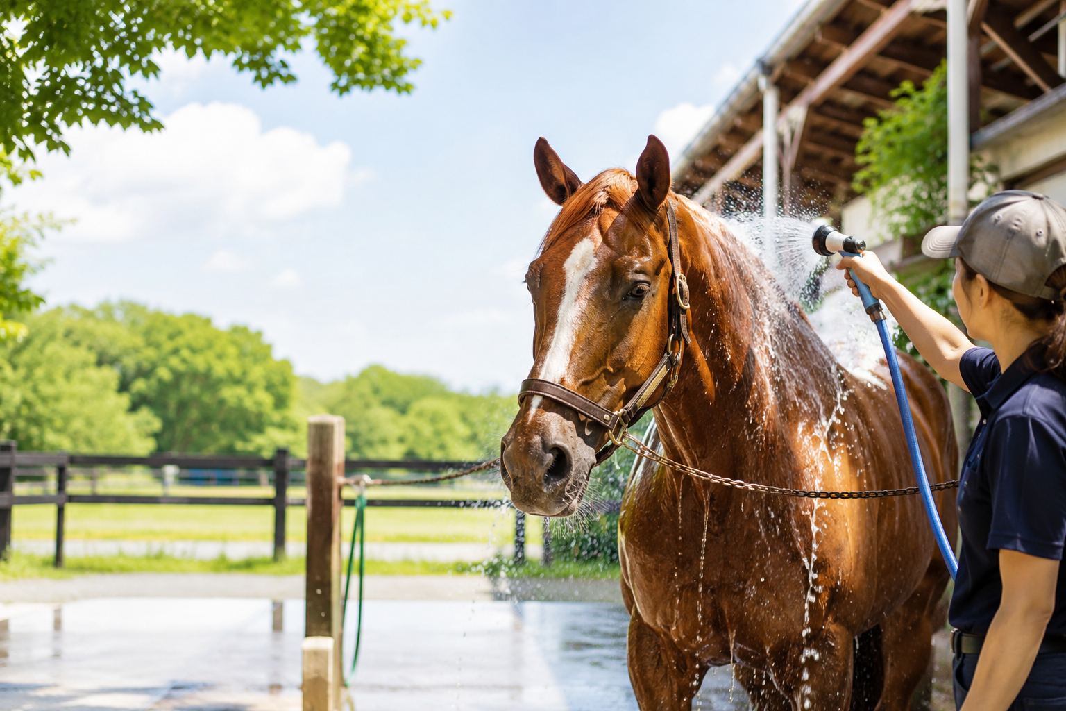 夏の乗馬後に水で体を冷やしてもらう馬